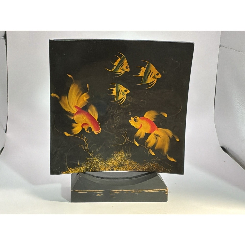 Vintage Vietnamese Lacquer Wooden Panel Painting Featuring A Koi Fish Design 7x7